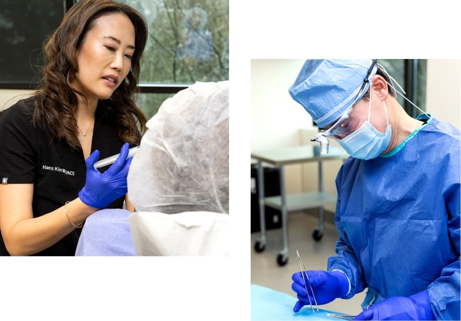 A composite image showcasing medical professionals in action. In the top left, Dr. Kim is depicted holding a needle, ready to administer an injection treatment to a patient. The bottom right features Dr. Chan, fully dressed in surgical gear, as he prepares to perform a surgical procedure.